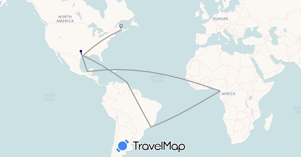 TravelMap itinerary: driving, plane in Brazil, Canada, Cameroon, Mexico, Trinidad and Tobago, United States (Africa, North America, South America)